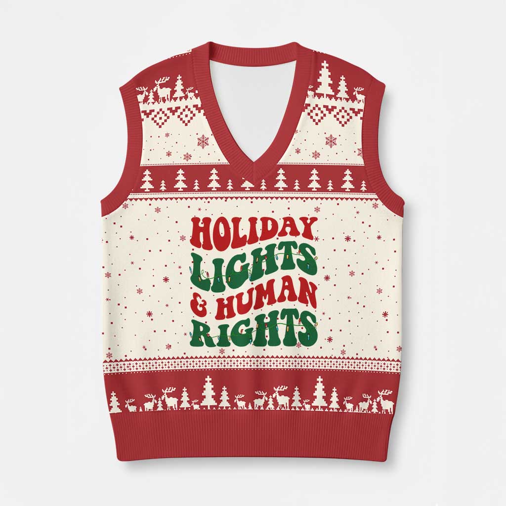 Holiday Lights And Human Rights V-Neck Knit Sweater Vest Supporter Gift For Civil Rights TS12 Beige Red Print Your Wear