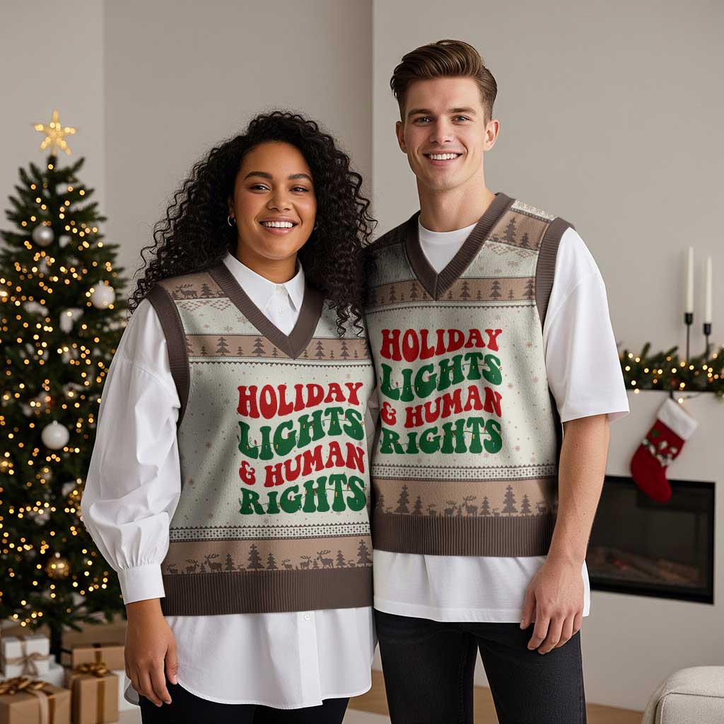 Holiday Lights And Human Rights V-Neck Knit Sweater Vest Supporter Gift For Civil Rights TS12 Mocha Mousse Print Your Wear