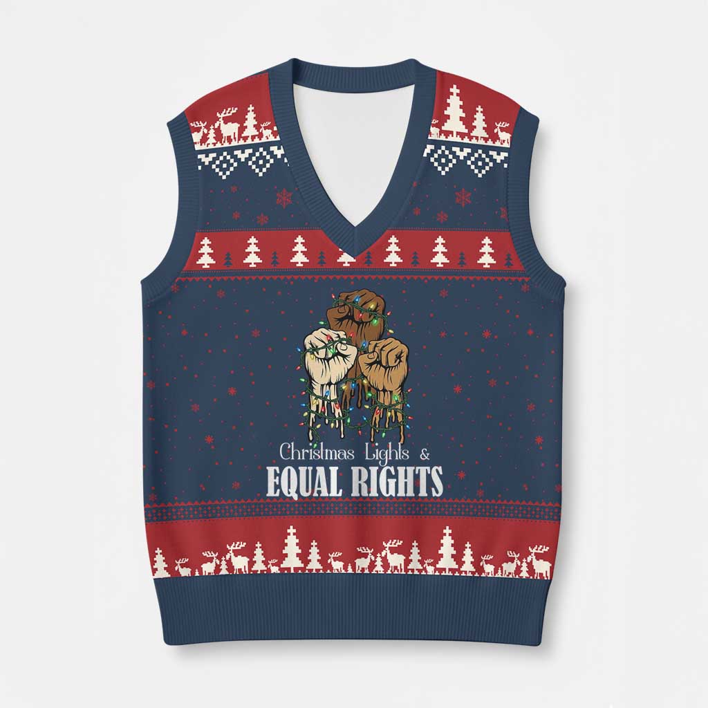 Xmas Lights And Equal Rights V-Neck Knit Sweater Vest Diversity Xmas Gift TS12 Navy Red Print Your Wear