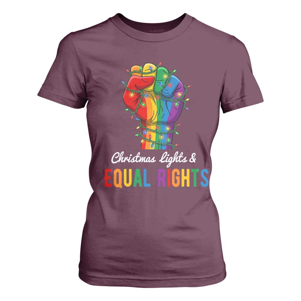 Christmas Lights Equal Rights T Shirt For Women LGBT Hands Supporter Gift TS12 Maroon Print Your Wear