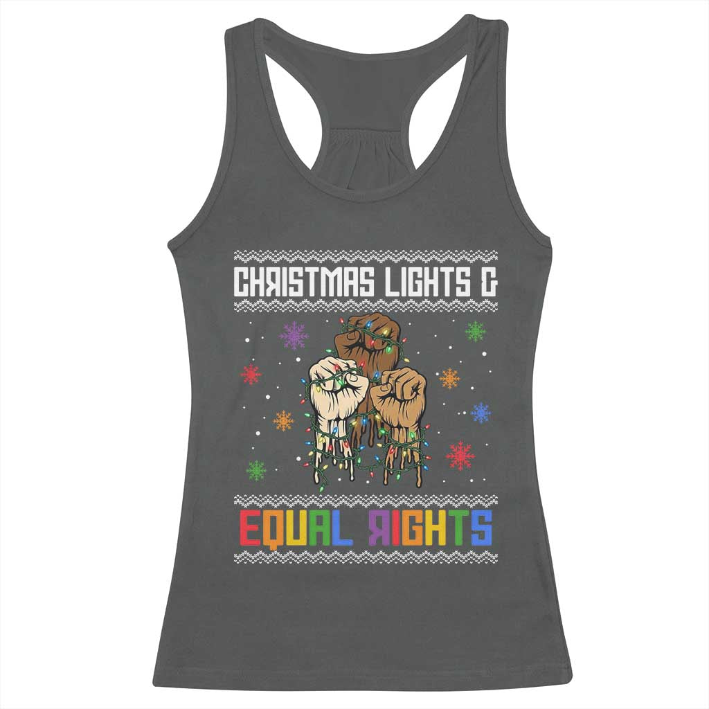 Christmas Lights And Equal Rights Ugly Sweater Racerback Tank Top Xmas Activism Gift TS12 Dark Heather Print Your Wear