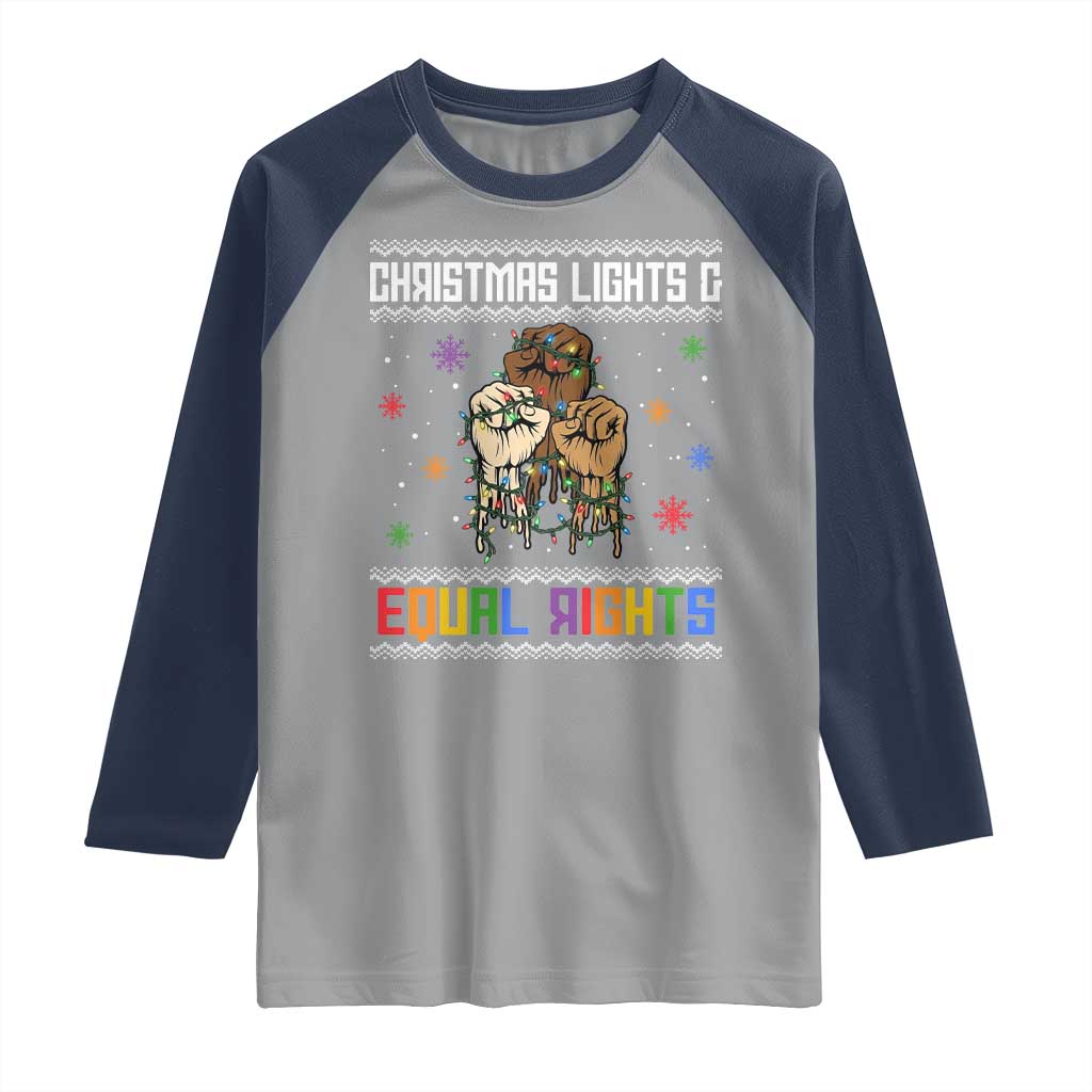 Christmas Lights And Equal Rights Ugly Sweater Raglan Shirt Xmas Activism Gift TS12 Sport Gray Navy Print Your Wear