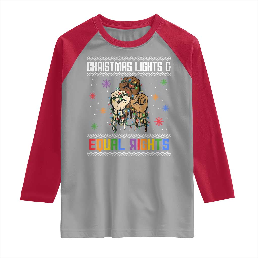 Christmas Lights And Equal Rights Ugly Sweater Raglan Shirt Xmas Activism Gift TS12 Sport Gray Red Print Your Wear