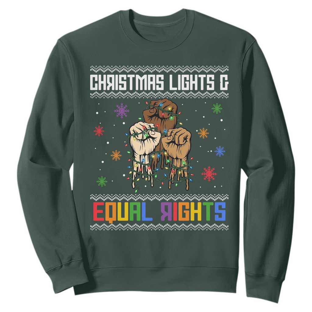 Christmas Lights And Equal Rights Ugly Sweater Sweatshirt Xmas Activism Gift TS12 Dark Forest Green Print Your Wear