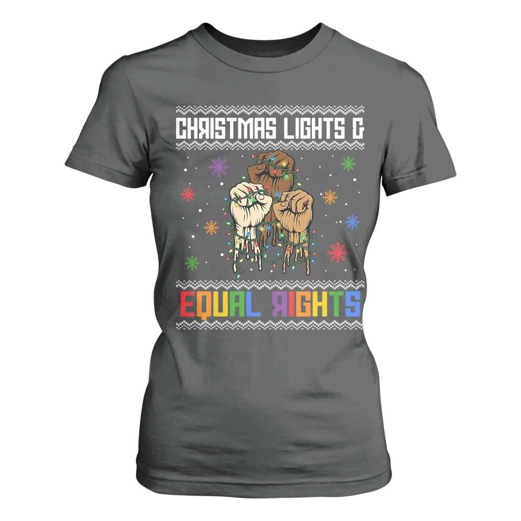 Christmas Lights And Equal Rights Ugly Sweater T Shirt For Women Xmas Activism Gift TS12 Dark Heather Print Your Wear