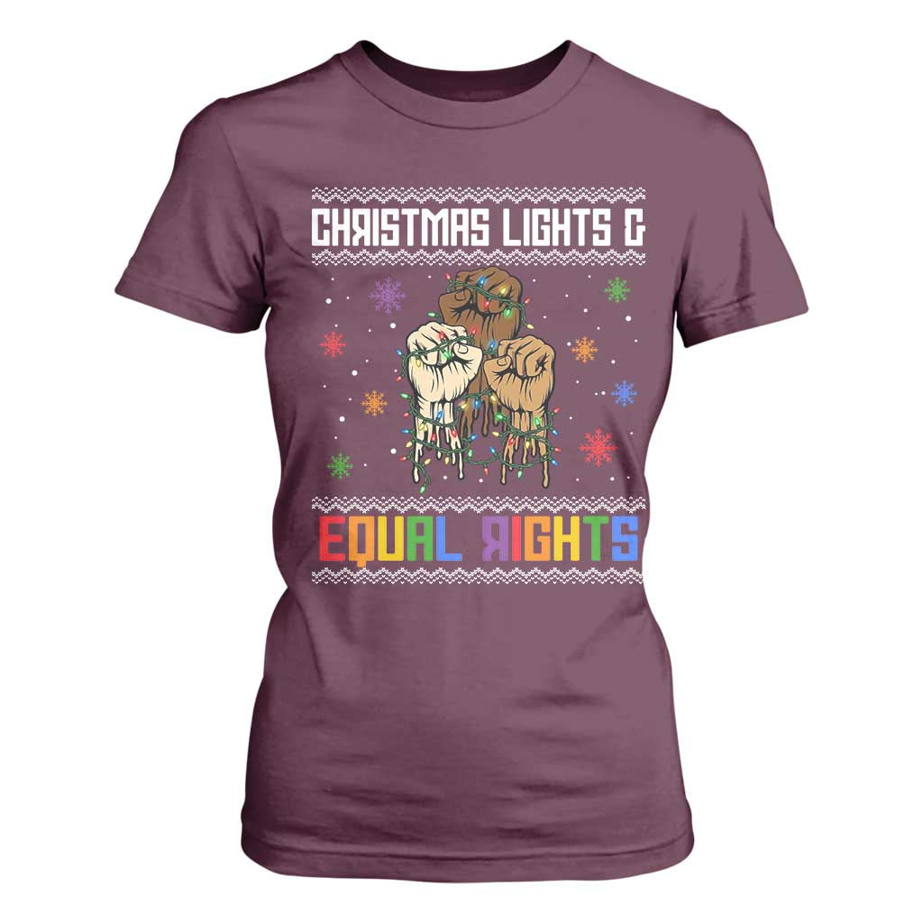 Christmas Lights And Equal Rights Ugly Sweater T Shirt For Women Xmas Activism Gift TS12 Maroon Print Your Wear
