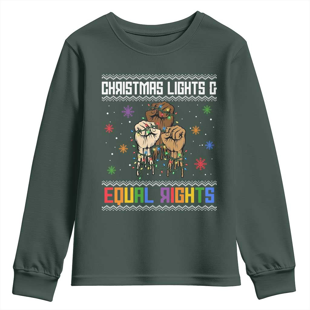 Christmas Lights And Equal Rights Ugly Sweater Youth Sweatshirt Xmas Activism Gift TS12 Dark Forest Green Print Your Wear
