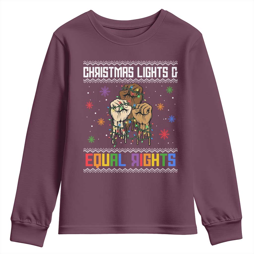 Christmas Lights And Equal Rights Ugly Sweater Youth Sweatshirt Xmas Activism Gift TS12 Maroon Print Your Wear