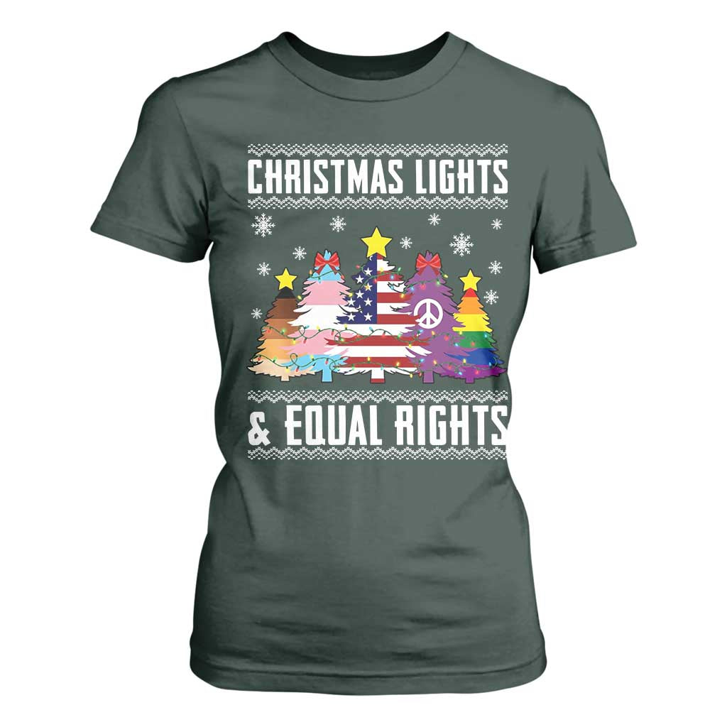 Xmas Lights Equal Rights Ugly Sweater Activism Gift T Shirt For Women TS12 Dark Forest Green Print Your Wear