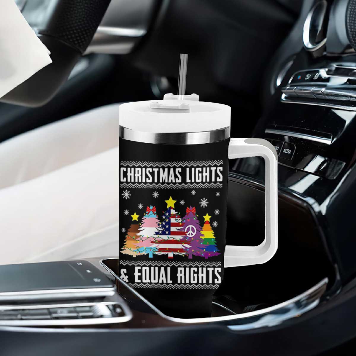 Xmas Lights Equal Rights Ugly Sweater Activism Gift Tumbler With Handle TS12 Print Your Wear