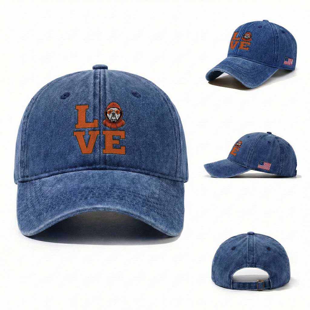 Love Vintage Cool Bulldog Washed Cotton Baseball Cap Game Day Dog Lover TS12 Washed Cap Universal Fit Royal Blue Print Your Wear