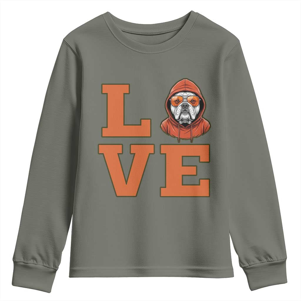 Love Vintage Cool Bulldog Youth Sweatshirt Game Day Dog Lover TS12 Military Green Print Your Wear