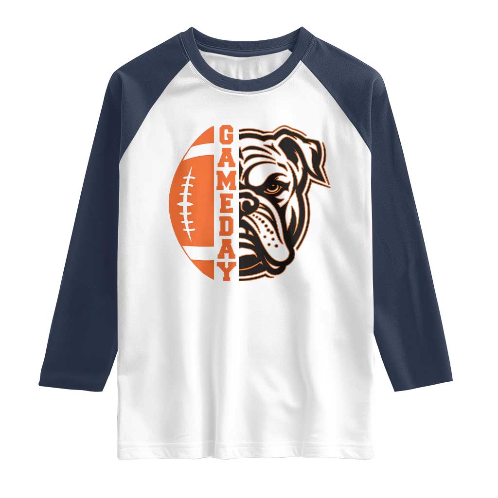 Bulldog Football Lover Raglan Shirt Game Day Fan Lifestyle TS12 White Navy Print Your Wear