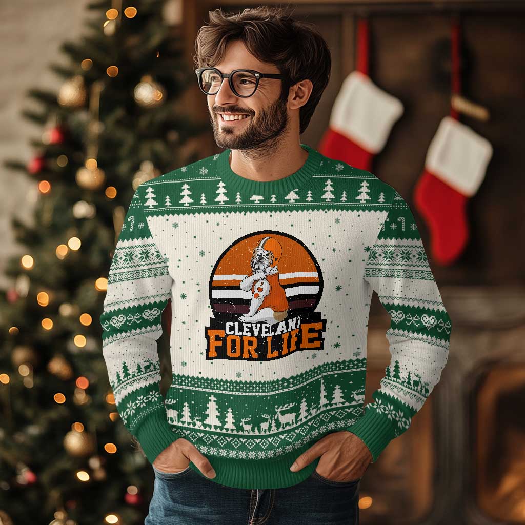 Funny Bulldog Game Day Ugly Christmas Sweater Cleveland For Life TS12 Beige Green Print Your Wear