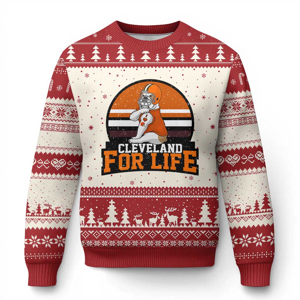Funny Bulldog Game Day Ugly Christmas Sweater Cleveland For Life TS12 Beige Red Print Your Wear