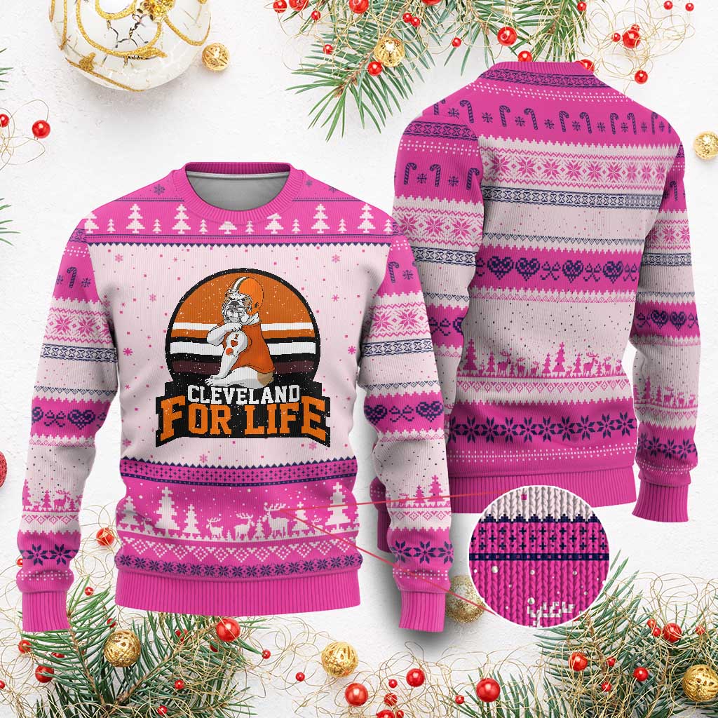 Funny Bulldog Game Day Ugly Christmas Sweater Cleveland For Life TS12 Hot Pink Print Your Wear