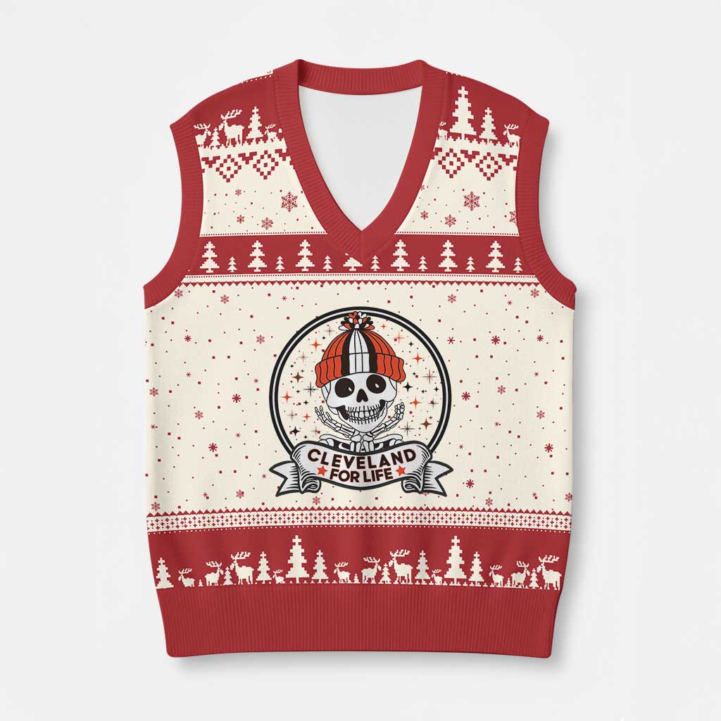 Funny Skeleton Dark Football Lover V-Neck Knit Sweater Vest Cleveland For Life TS12 Beige Red Print Your Wear