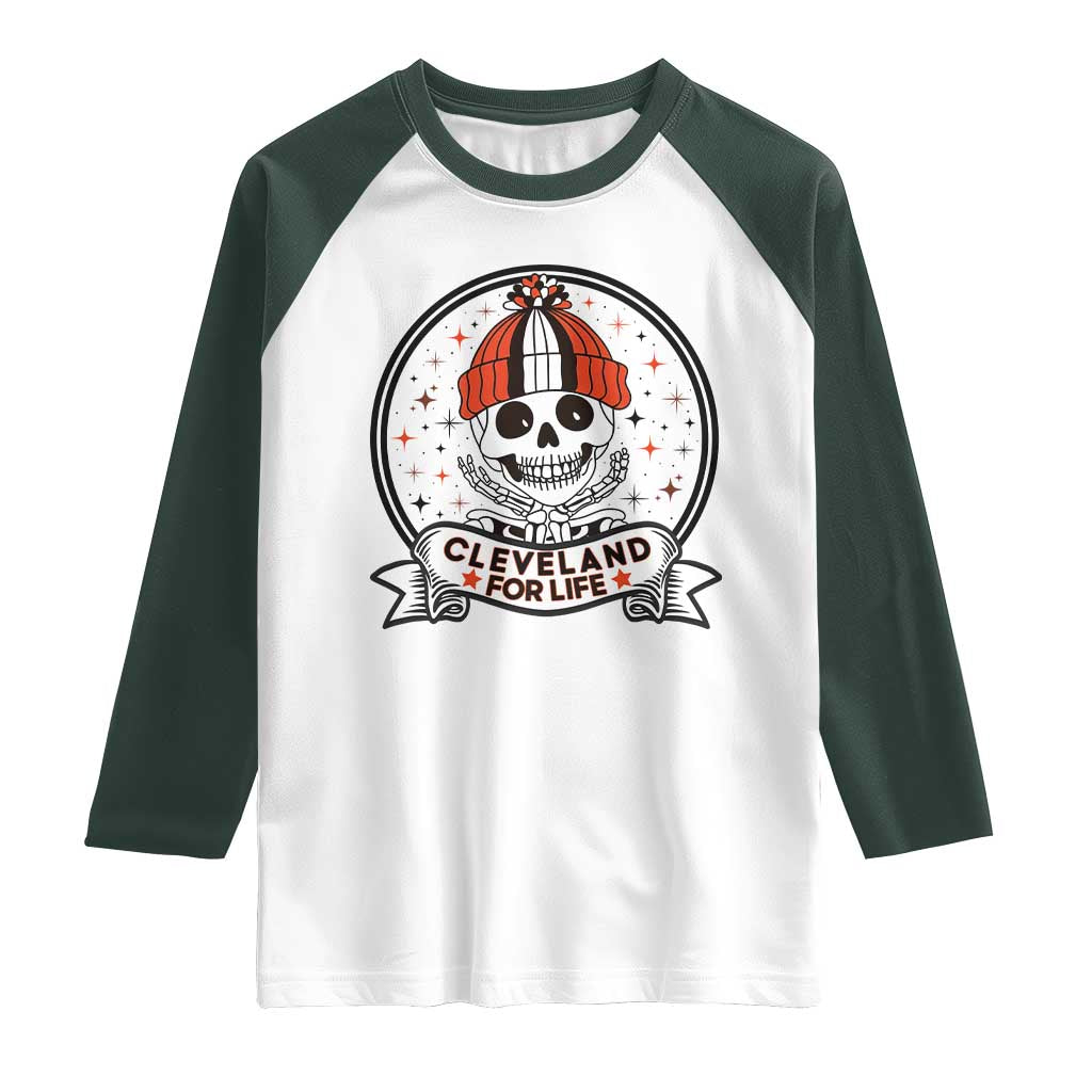 Funny Skeleton Dark Football Lover Raglan Shirt Cleveland For Life TS12 White Dark Forest Green Print Your Wear