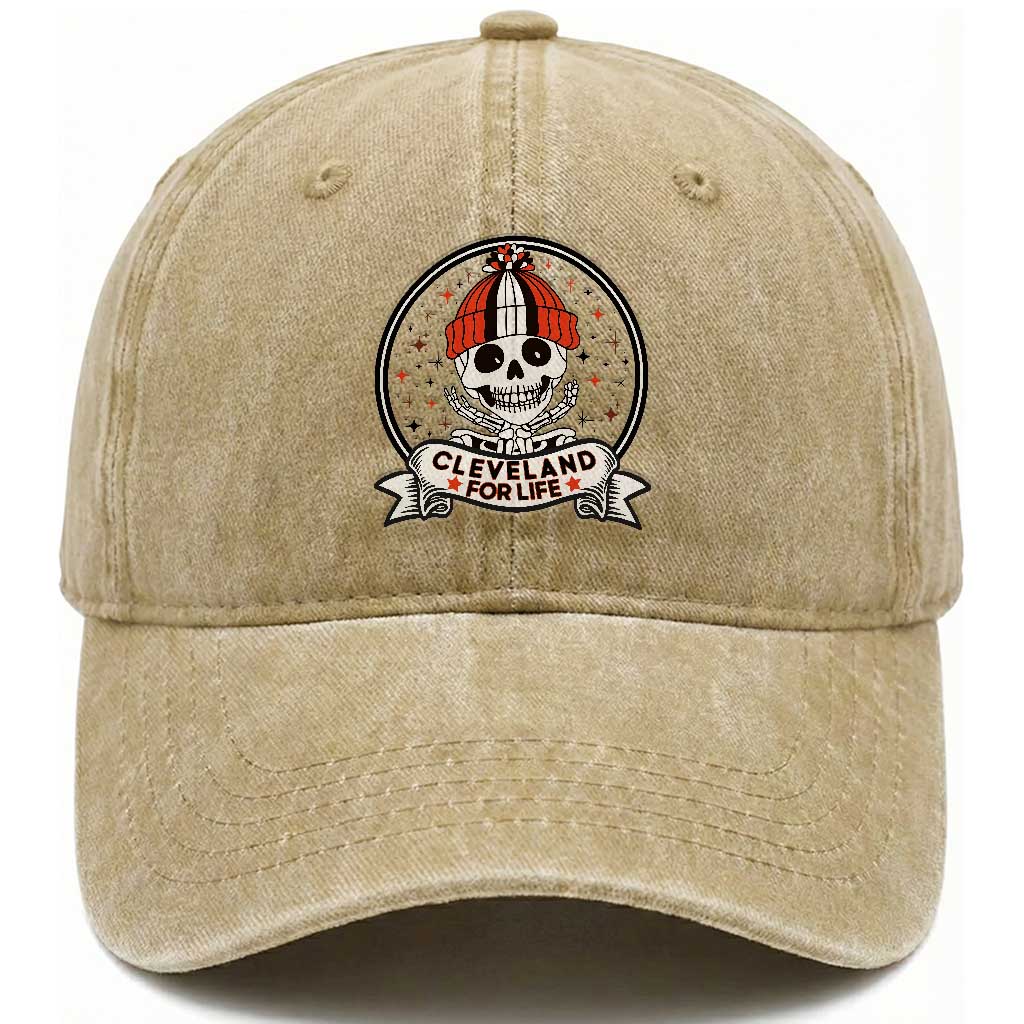 Funny Skeleton Dark Football Lover Washed Cotton Baseball Cap Cleveland For Life TS12 Print Your Wear
