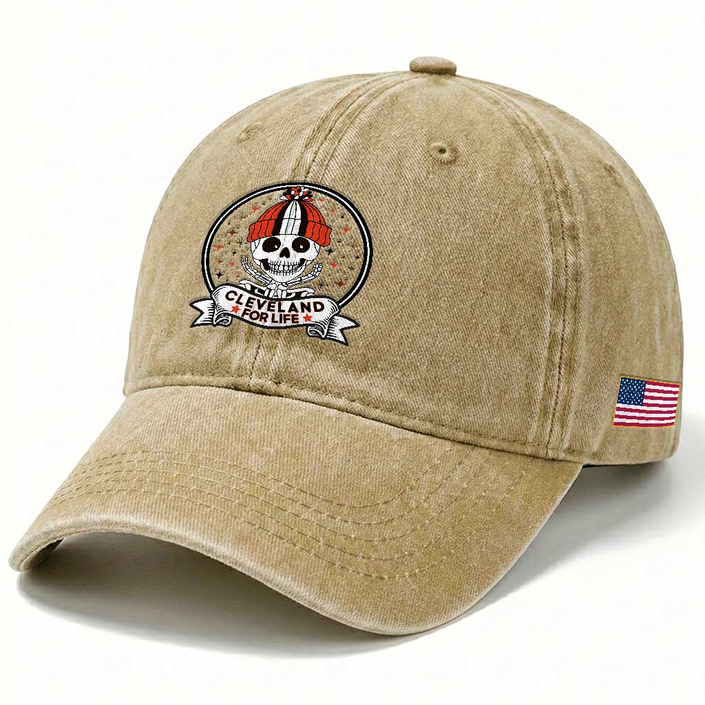 Funny Skeleton Dark Football Lover Washed Cotton Baseball Cap Cleveland For Life TS12 Print Your Wear