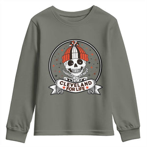 Funny Skeleton Dark Football Lover Youth Sweatshirt Cleveland For Life TS12 Military Green Print Your Wear