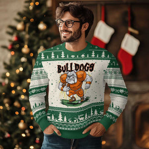 Funny Bulldog Playing Football Ugly Christmas Sweater Game Day Dog Lover TS12 Beige Green Print Your Wear