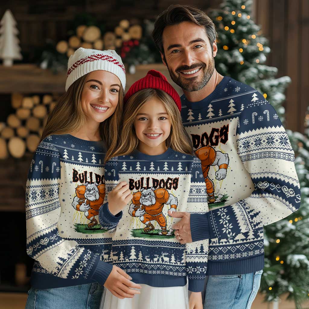 Funny Bulldog Playing Football Ugly Christmas Sweater Game Day Dog Lover TS12 Beige Navy Print Your Wear