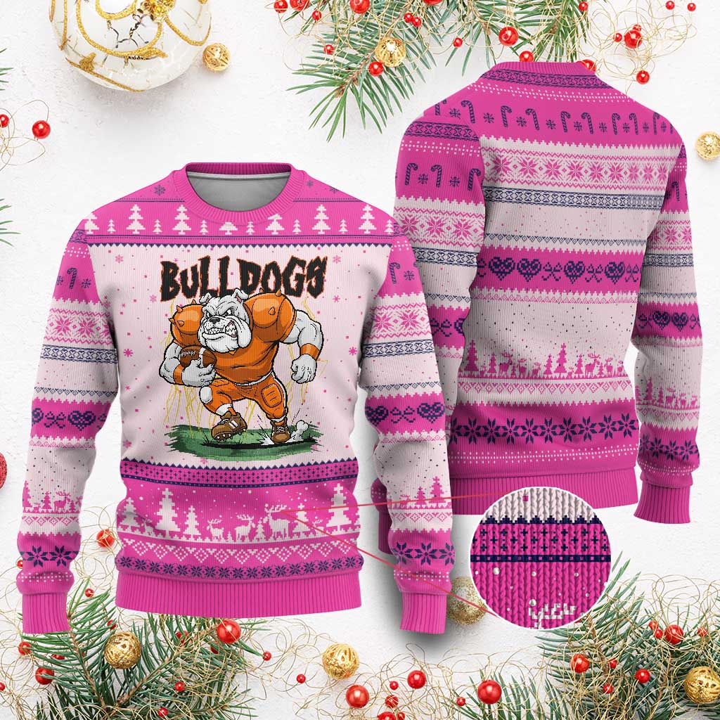 Funny Bulldog Playing Football Ugly Christmas Sweater Game Day Dog Lover TS12 Hot Pink Print Your Wear
