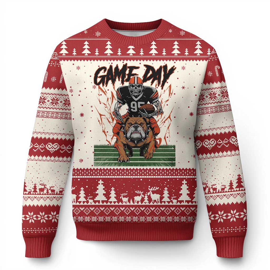 Funny Skeleton Playing Football Ugly Christmas Sweater Game Day Gift TS12 Beige Red Print Your Wear