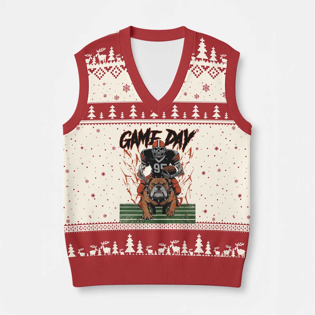Funny Skeleton Playing Football V-Neck Knit Sweater Vest Game Day Gift TS12 Beige Red Print Your Wear