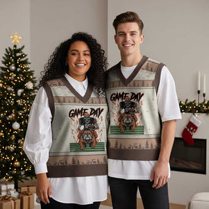 Funny Skeleton Playing Football V-Neck Knit Sweater Vest Game Day Gift TS12 Mocha Mousse Print Your Wear