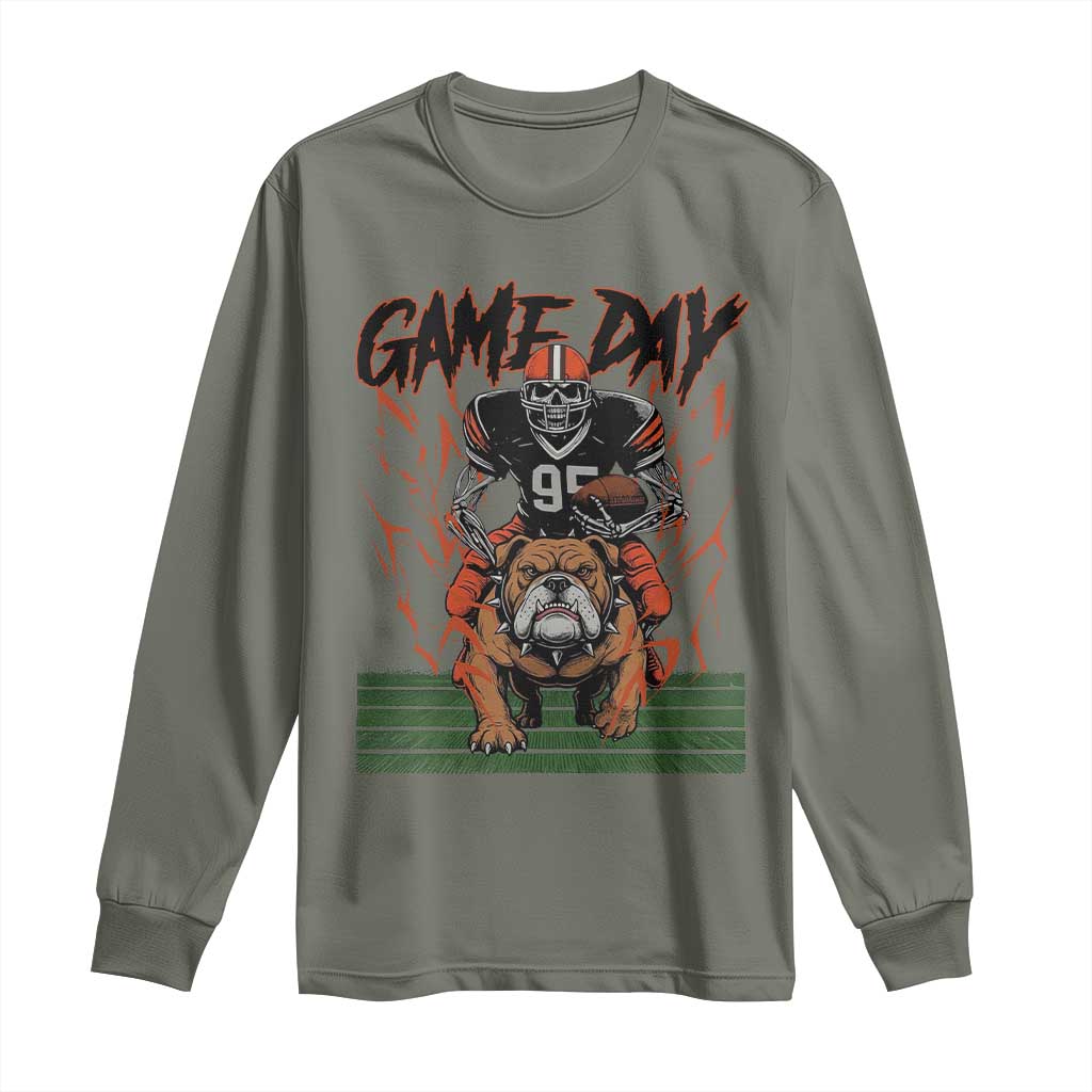 Funny Skeleton Playing Football Long Sleeve Shirt Game Day Gift TS12 Military Green Print Your Wear