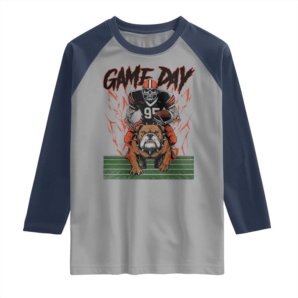 Funny Skeleton Playing Football Raglan Shirt Game Day Gift TS12 Sport Gray Navy Print Your Wear