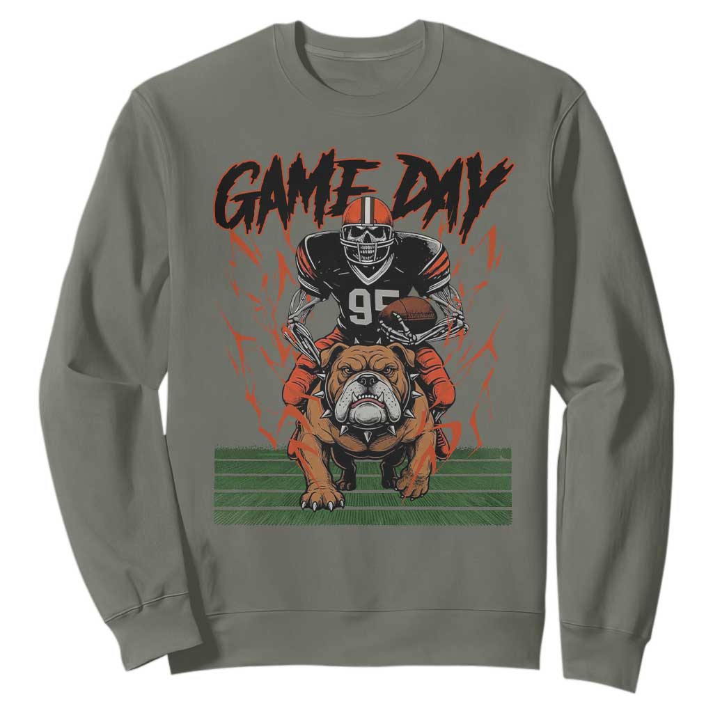 Funny Skeleton Playing Football Sweatshirt Game Day Gift TS12 Military Green Print Your Wear