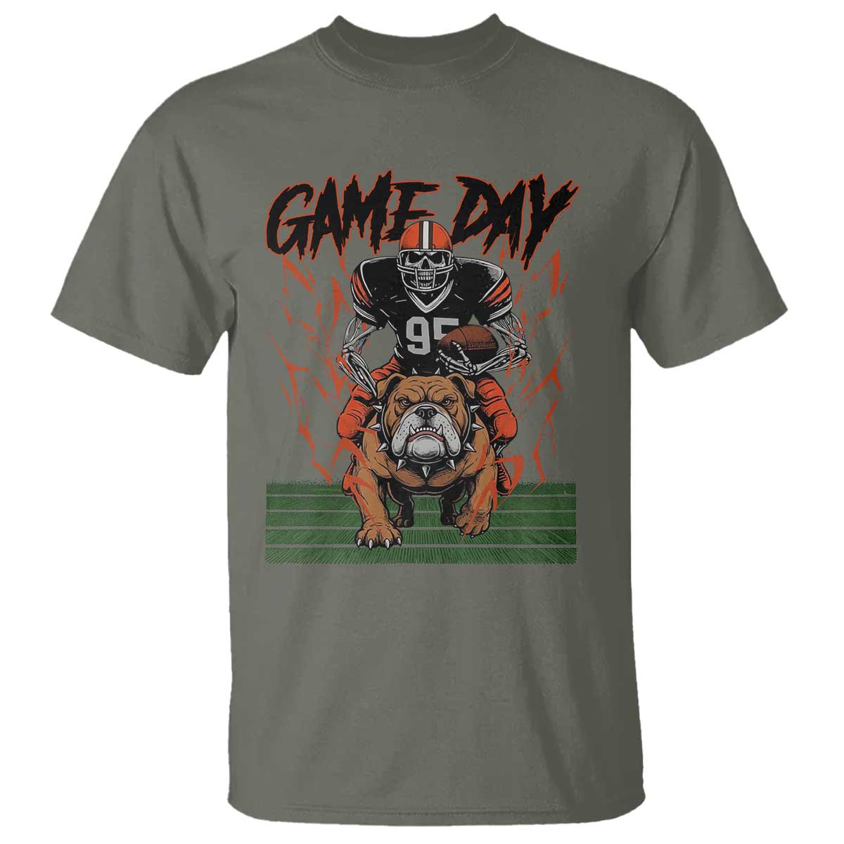 Funny Skeleton Playing Football T Shirt Game Day Gift TS12 Military Green Print Your Wear