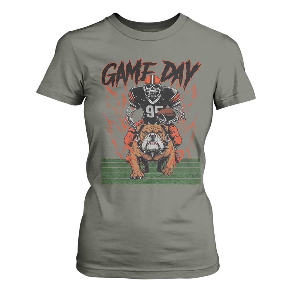 Funny Skeleton Playing Football T Shirt For Women Game Day Gift TS12 Military Green Print Your Wear