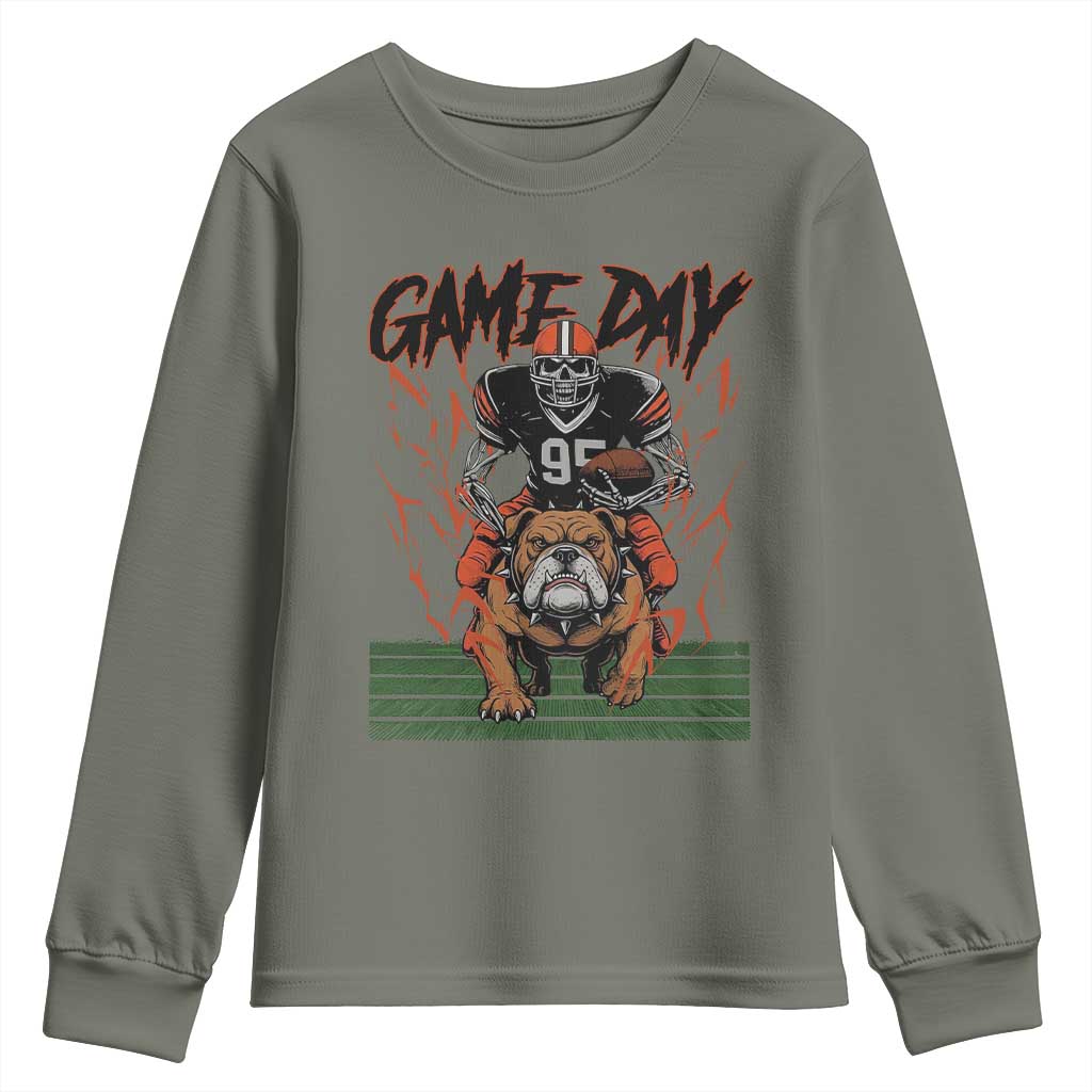 Funny Skeleton Playing Football Youth Sweatshirt Game Day Gift TS12 Military Green Print Your Wear
