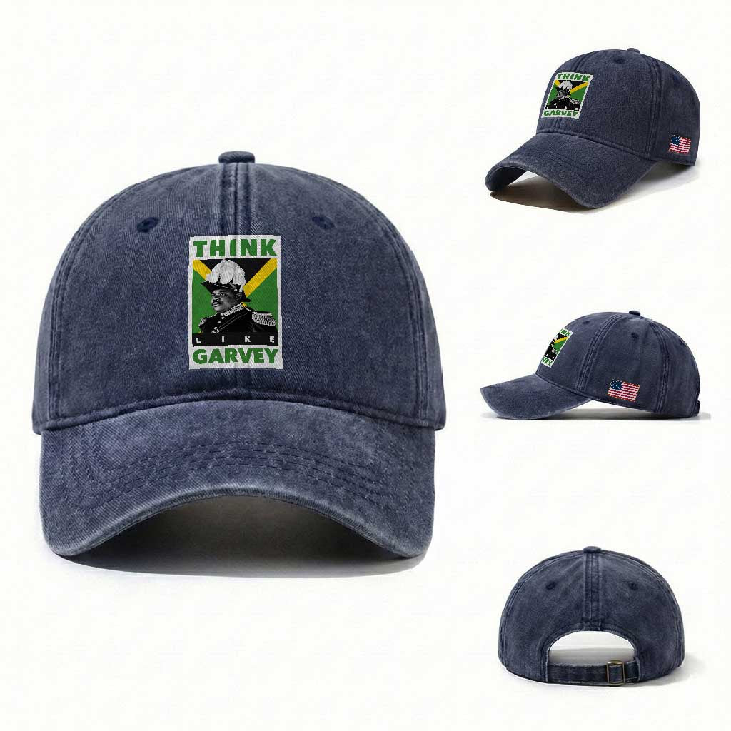 Pan Africanism Think Like Garvey Washed Cotton Baseball Cap Marcus Garvey Jamaica Flag TS12 Washed Cap Universal Fit Navy Print Your Wear