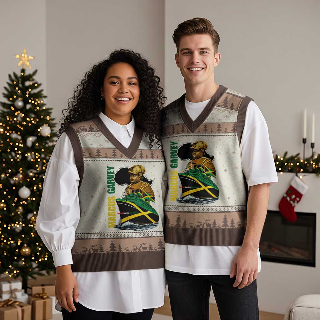 Marcus Garvey Jamaica Pride V-Neck Knit Sweater Vest One God One Aim One Destiny TS12 Mocha Mousse Print Your Wear