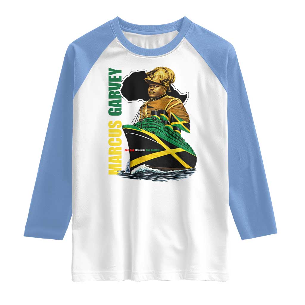 Marcus Garvey Jamaica Pride Raglan Shirt One God One Aim One Destiny TS12 White Carolina Blue Print Your Wear