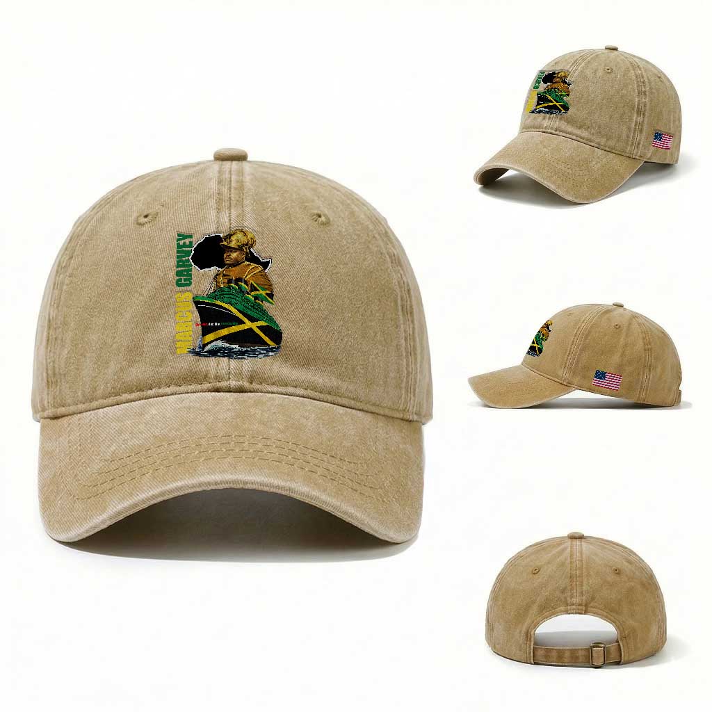 Marcus Garvey Jamaica Pride Washed Cotton Baseball Cap One God One Aim One Destiny TS12 Washed Cap Universal Fit Khaki Print Your Wear