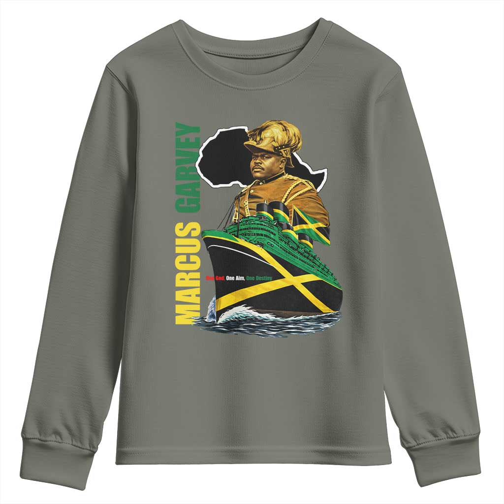 Marcus Garvey Jamaica Pride Youth Sweatshirt One God One Aim One Destiny TS12 Military Green Print Your Wear