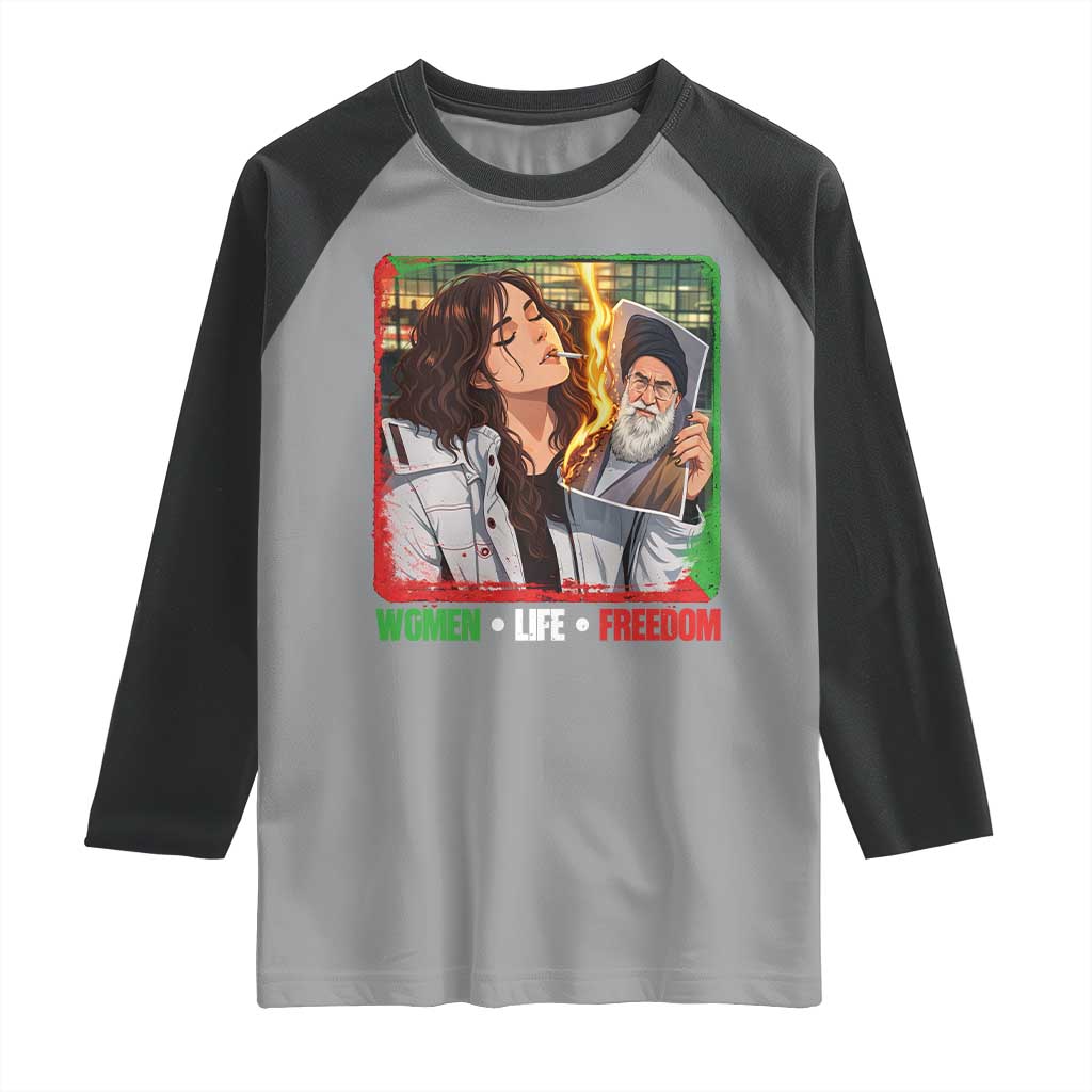 Woman Life Freedom Raglan Shirt Free Iran Movement Gift For Iranian Women TS12 Sport Gray Black Print Your Wear
