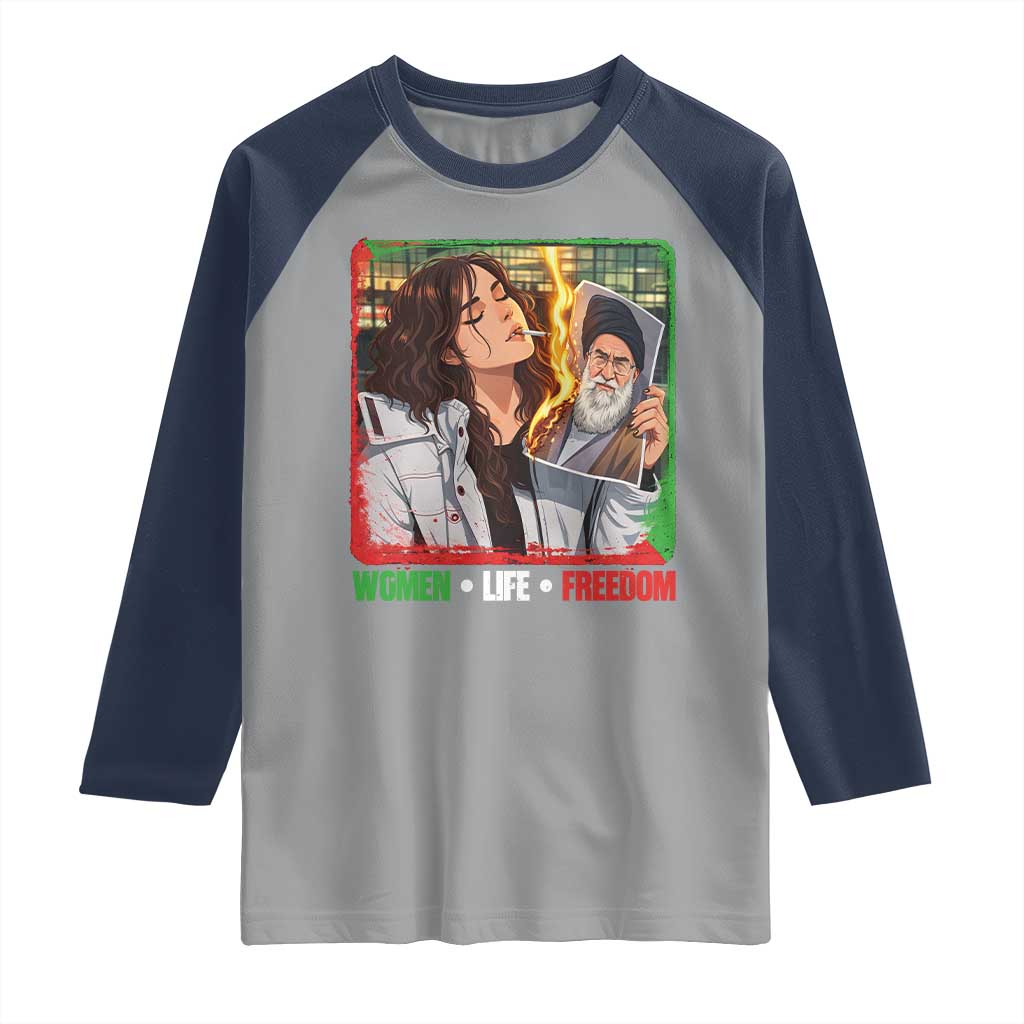 Woman Life Freedom Raglan Shirt Free Iran Movement Gift For Iranian Women TS12 Sport Gray Navy Print Your Wear