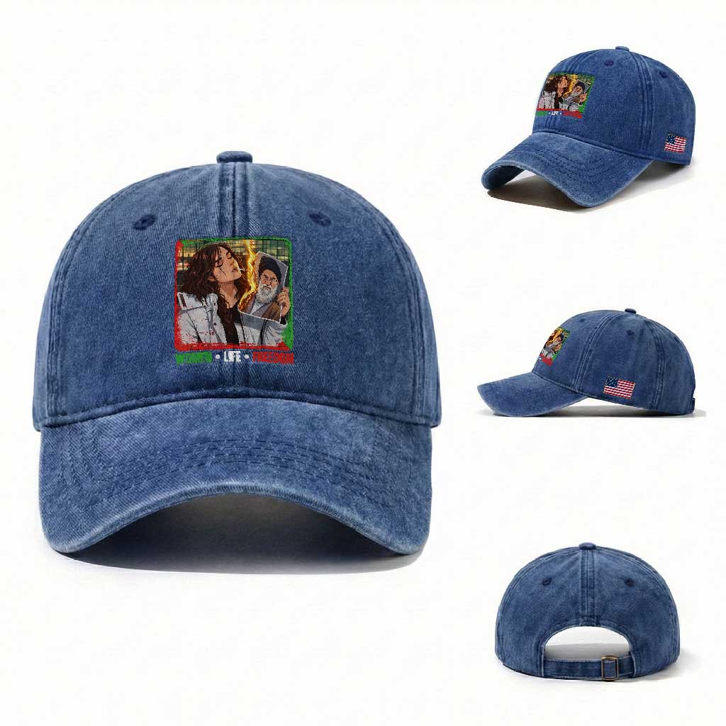 Woman Life Freedom Washed Cotton Baseball Cap Free Iran Movement Gift For Iranian Women TS12 Washed Cap Universal Fit Royal Blue Print Your Wear