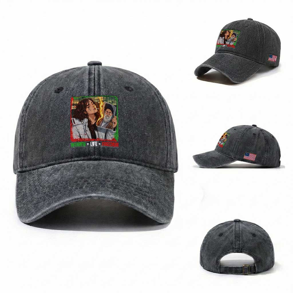 Woman Life Freedom Washed Cotton Baseball Cap Free Iran Movement Gift For Iranian Women TS12 Washed Cap Universal Fit Dark Gray Print Your Wear