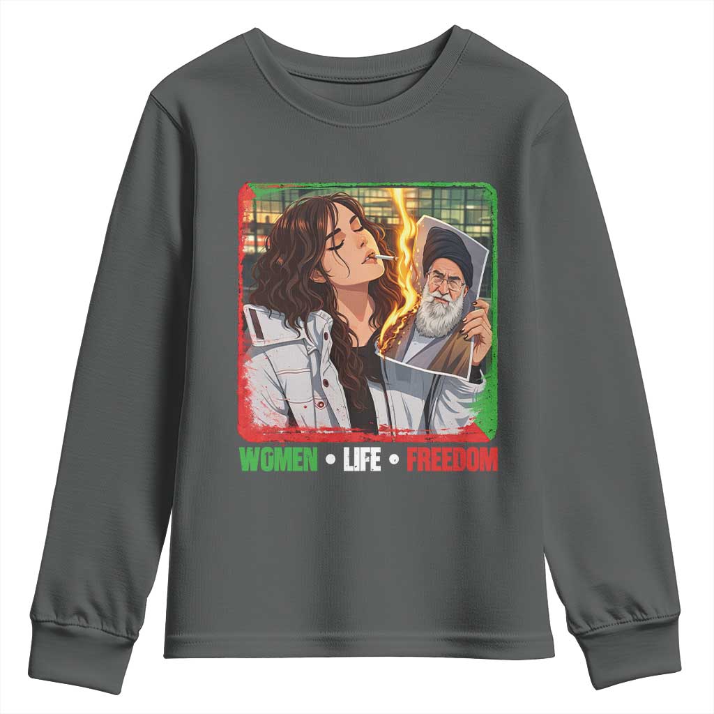 Woman Life Freedom Youth Sweatshirt Free Iran Movement Gift For Iranian Women TS12 Dark Heather Print Your Wear