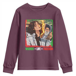 Woman Life Freedom Youth Sweatshirt Free Iran Movement Gift For Iranian Women TS12 Maroon Print Your Wear