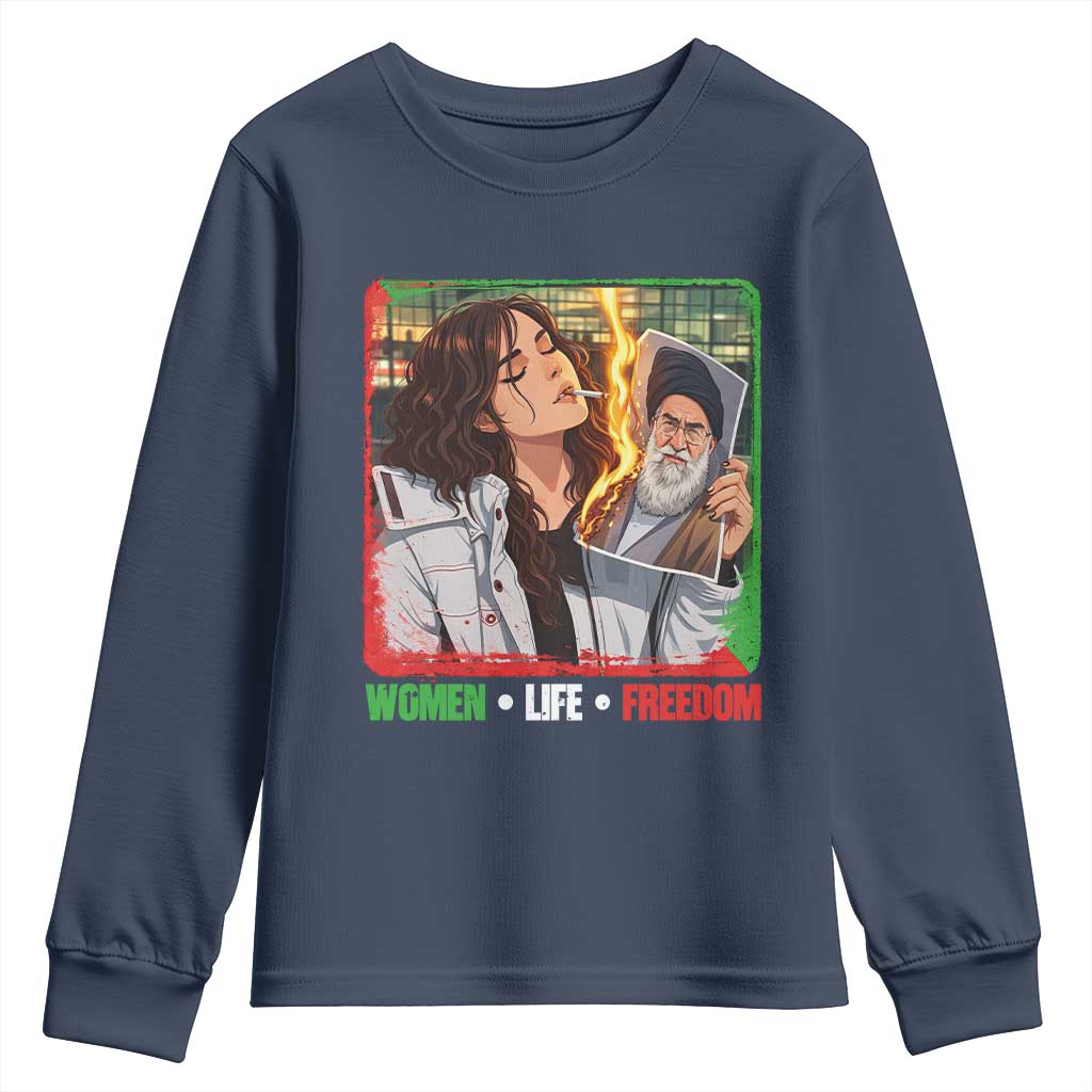 Woman Life Freedom Youth Sweatshirt Free Iran Movement Gift For Iranian Women TS12 Navy Print Your Wear
