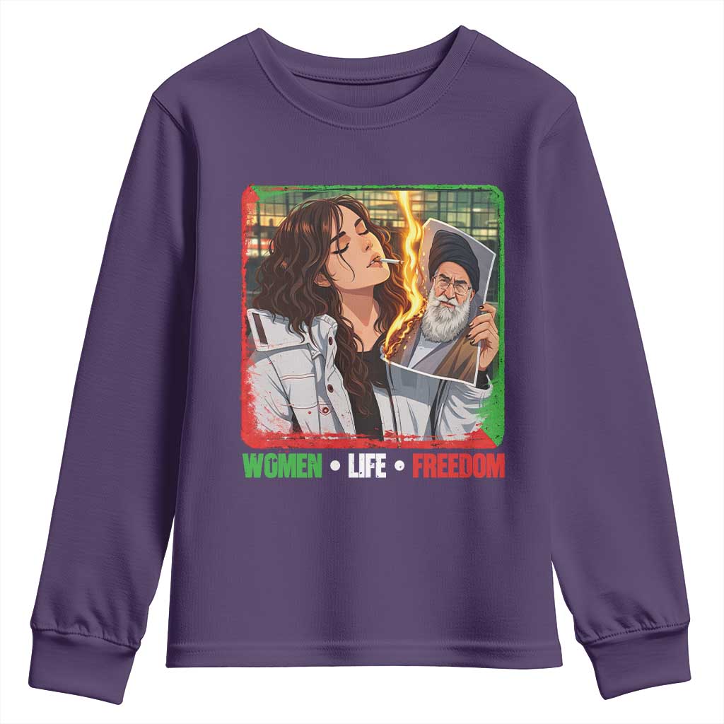 Woman Life Freedom Youth Sweatshirt Free Iran Movement Gift For Iranian Women TS12 Purple Print Your Wear